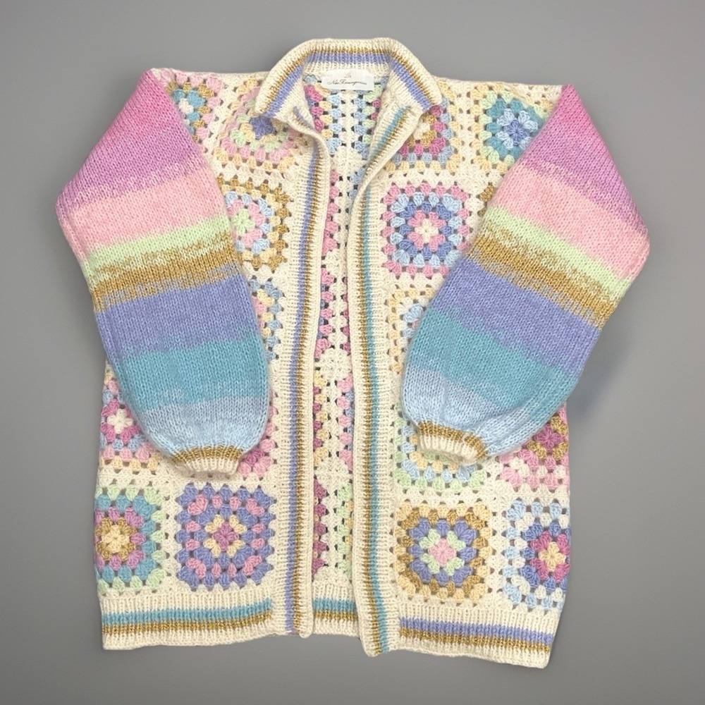 Les NeoBourgeoises Boho Chic Cardigan Mohair Crochet Patchwork Squares Sz M/L